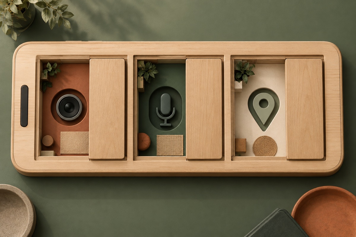 Room-plan board with capability wells behind sliding wood panels